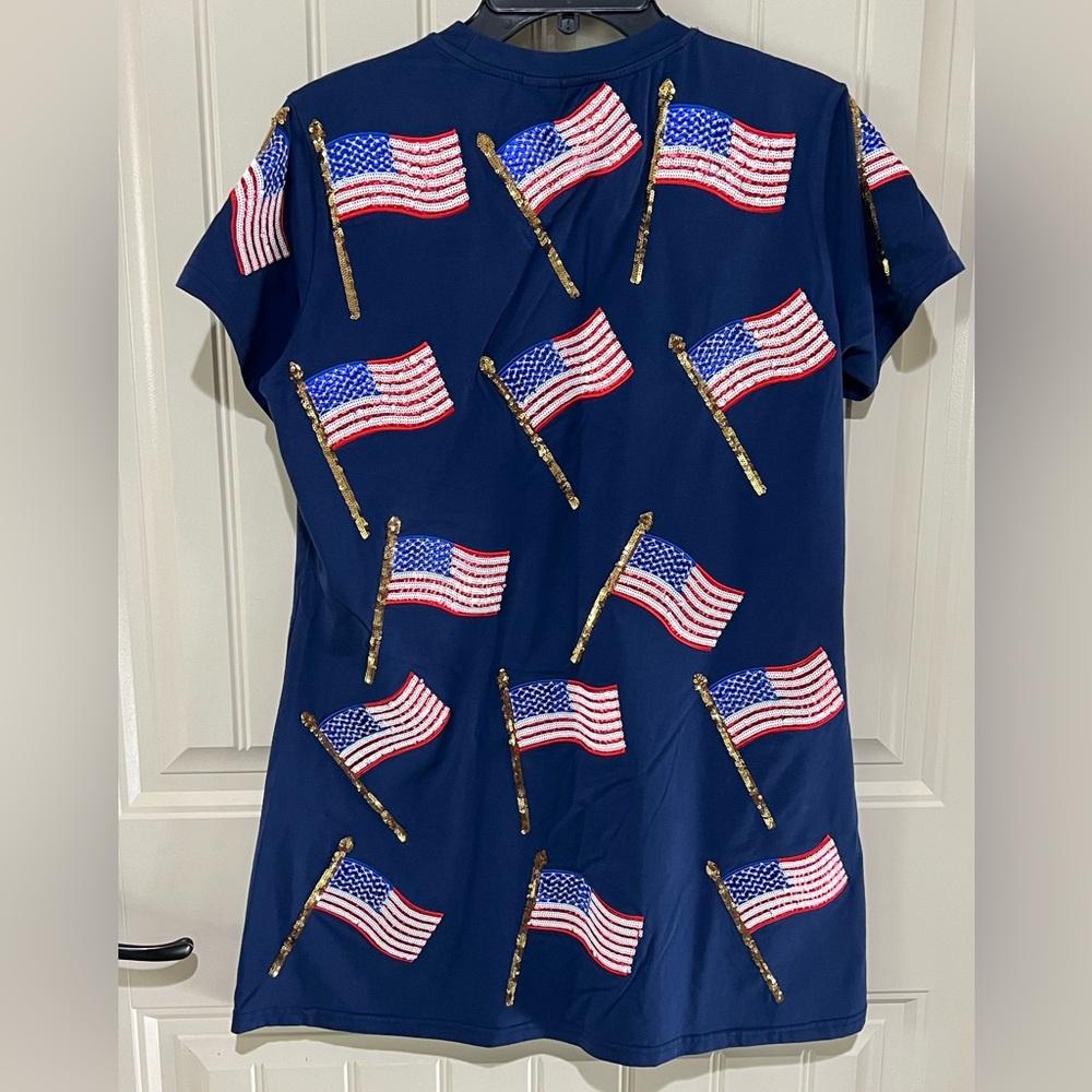 QUEEN OF SPARKLES Navy blue American Flag Short Sleeve dress - Picture 2 of 4